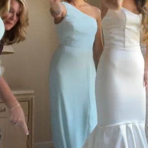 Mist blue one shoulder bridesmaid dress. Light blue bridesmaid dress.